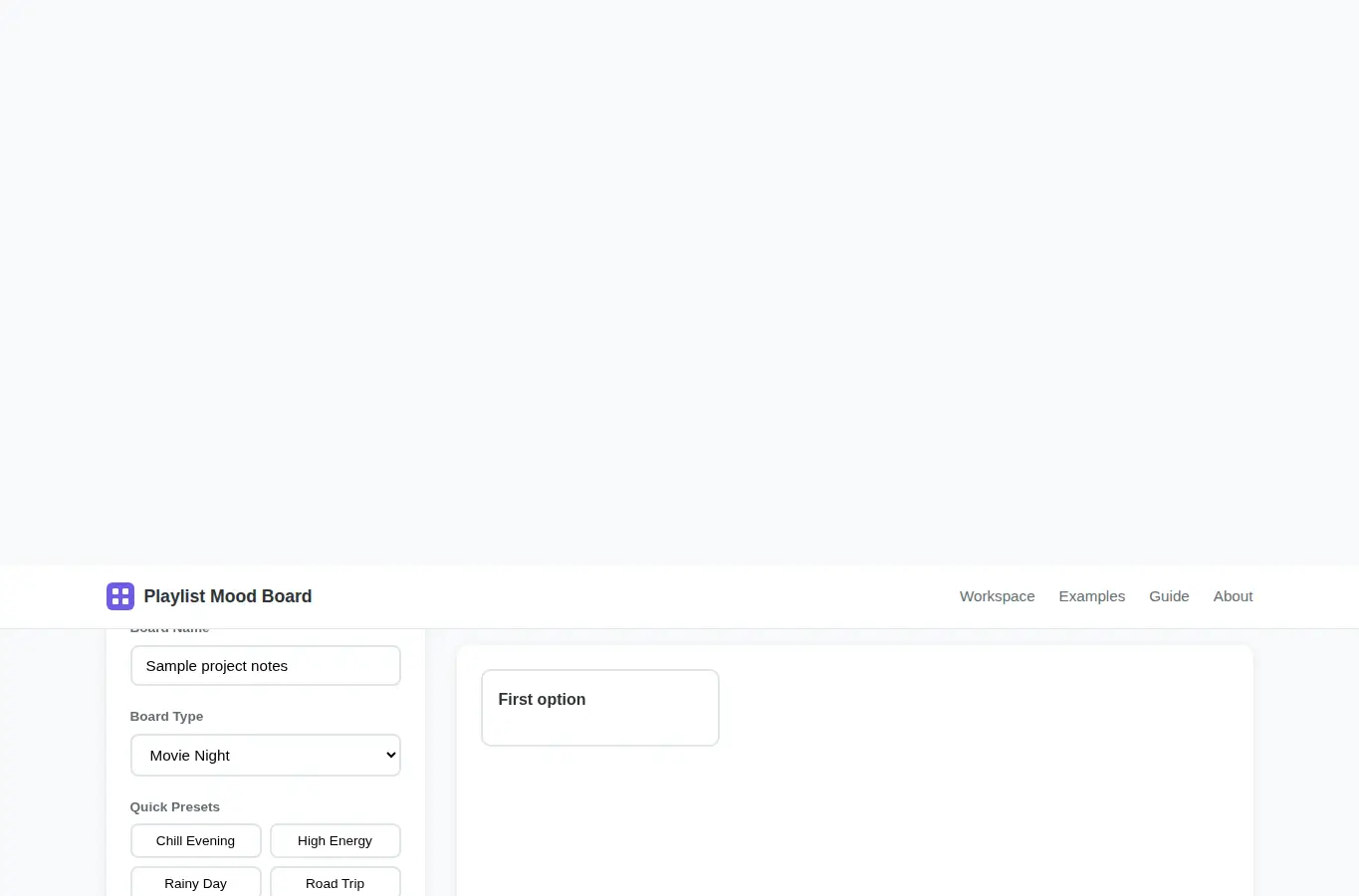 Screenshot of Playlist Mood Board interface showing the project page in use
